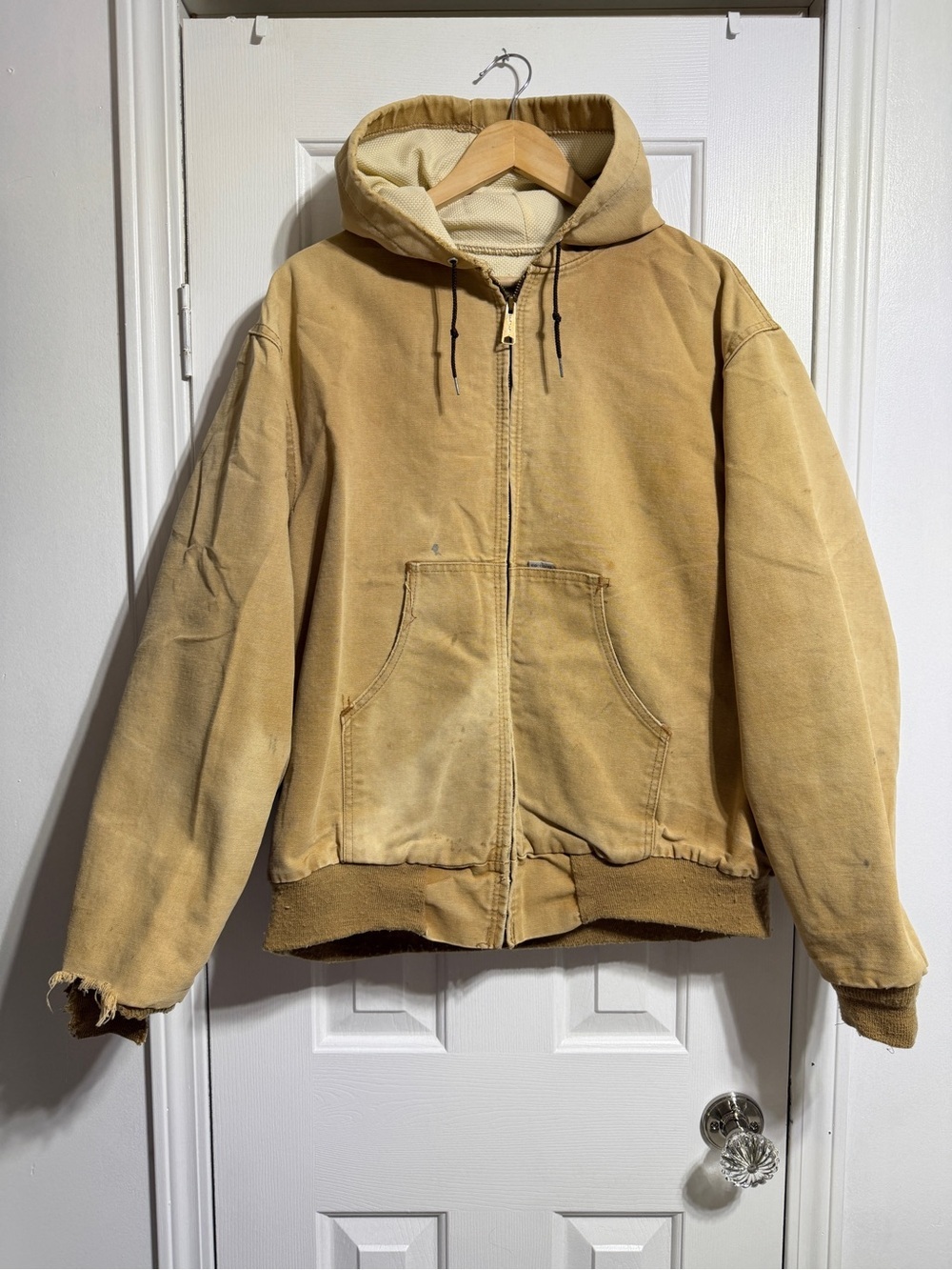 Carhartt vintage 80’s 100 year anniversary distressed trashed tan coat jacket L